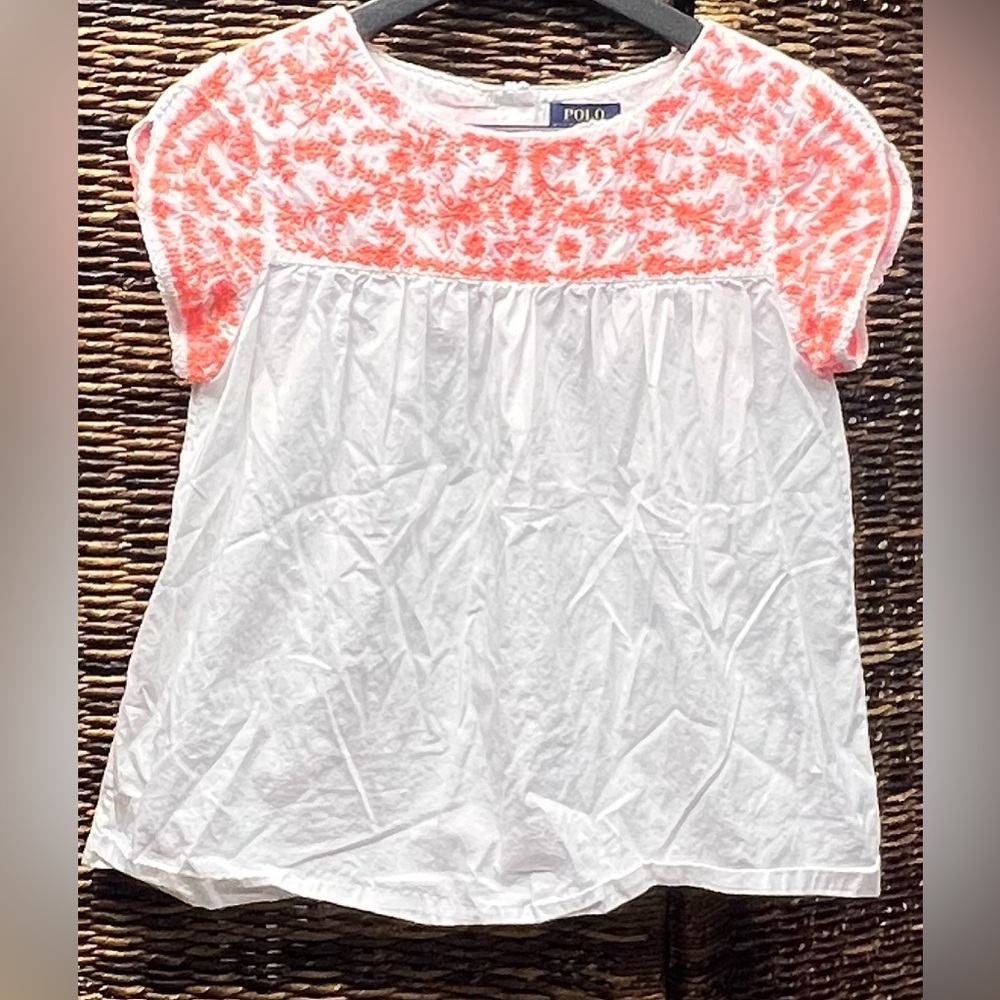 Polo by Ralph Lauren Kids Floral Coral and White Blouse, Size:16, Button back